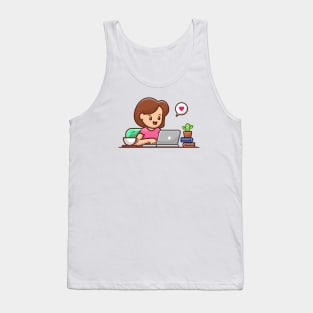 Woman Operating Laptop With Coffee Tank Top